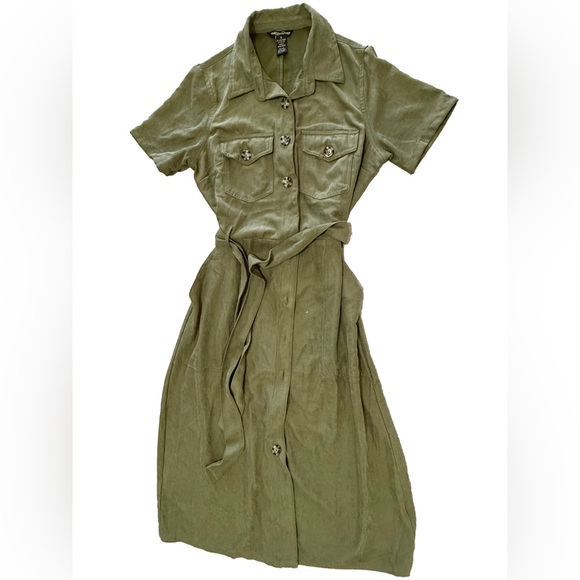 Millenium Dresses & Skirts - Millenium Olive Button Front Utility Midi Shirt Dress with Belt – Size Small